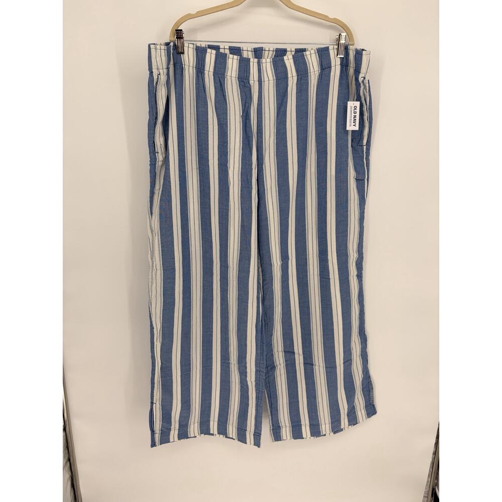NWT Old Navy Womens 2X Blue White Striped Pull On Crop Pants 100% Cotton